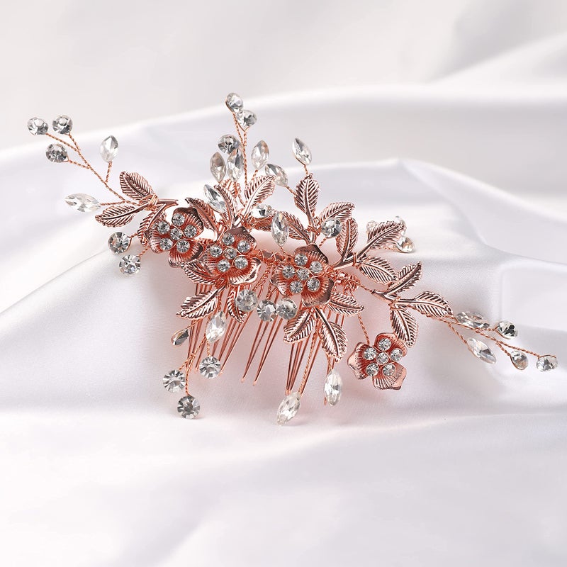 YERTTER Vintage Rhinestones Bride Wedding Hair Accessories for Brides Crystal Floral Leaves Bridal Hair Comb for Women (Rose gold) - Image 5